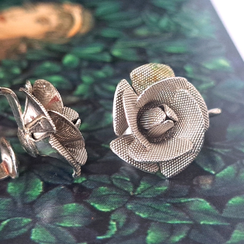2/$20 Coro Silver mesh rose clip-on  earrings - Picture 2 of 3